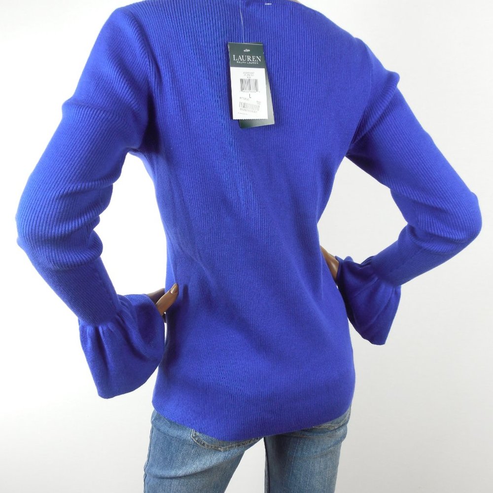 RALPH LAUREN Top L NWT Blue Sweater Long Bell Sleeves Casual Party Stretch Rib - Picture 5 of 8